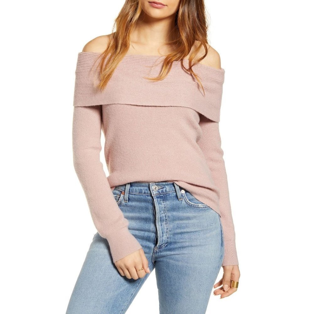 New Leith Off The Shoulder Sweater XL Pullover knit Top Womens Pink Blush NWT